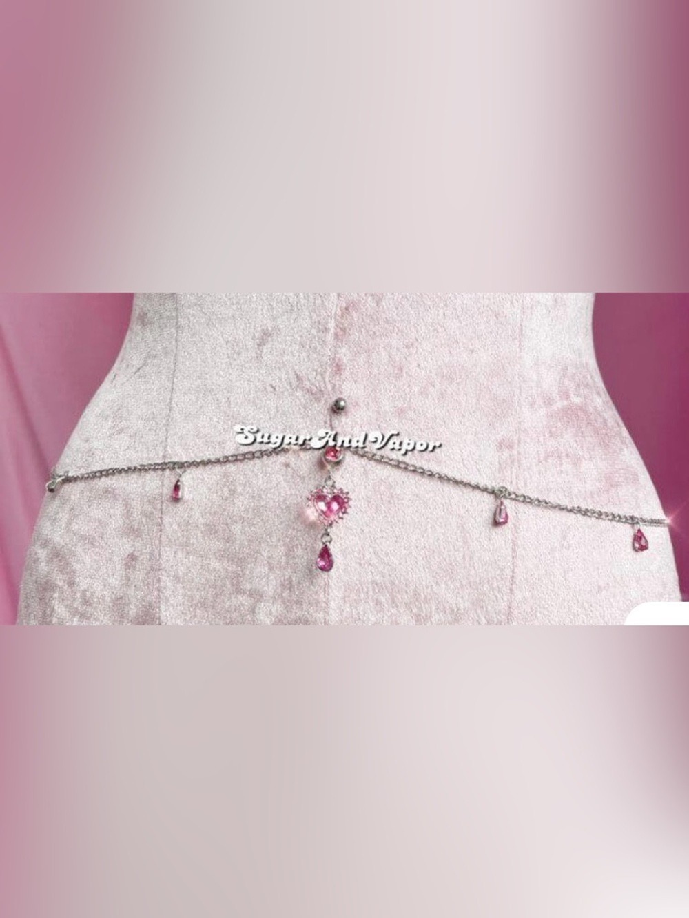 Sugar and Vapor Y2K Heart Gems Bling Tassels Belly Ring Belly Chain NWT